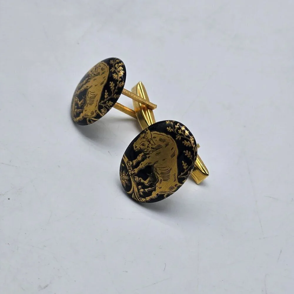 Vintage Zodiac Taurus The Bull Wrap Cufflinks Black Oval Gold Tone